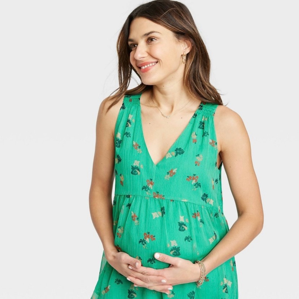 Hatch The Nines Maternity Green Floral Smocked V-Neck Women’s Tank Small